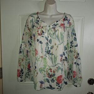 Tommy Hilfiger Women's Floral Printed Peasant Blouse with Embroidered Neckline